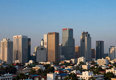 A wide-angle photography of a vibrant Indian metropolitan skyline at dusk, representing the company's extensive service reach across all major cities.