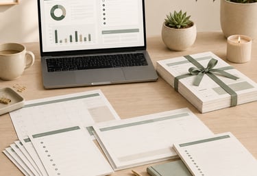 Bundle of planner pages tied with ribbon beside a laptop dashboard, representing better value digital template bundles.