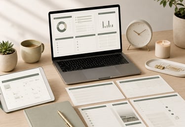 Coordinated digital planner setup with laptop, tablet, worksheets, and notebook representing a complete planning system.