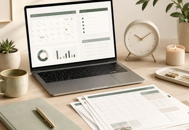 Organized desk with laptop dashboard, planner sheets, and clock representing time-saving digital planning tools.