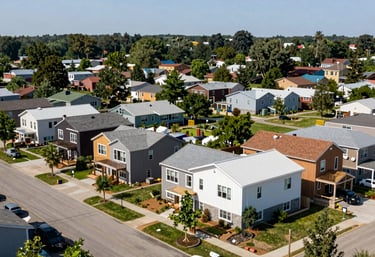 A sustainable, resilient community development project in a North American / US neighborhood, showcasing green architecture and professional design.