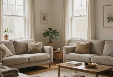 A serene living room with soft cream and sage accents, gently tidied and inviting.