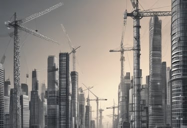 Solar panels and electrical grid infrastructure under blue sky.