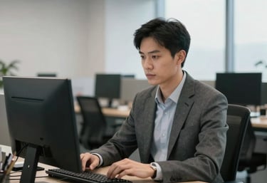 A high-end, contemporary office environment in North America where a professional sits at a desk, convey a sense of reliability and modern service.