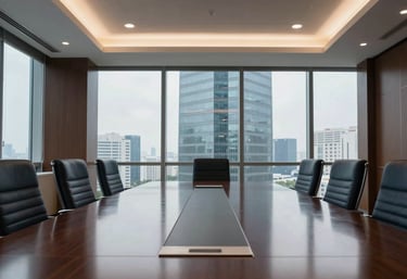 A sleek corporate meeting room in a South Asian / Indian skyscraper, with a polished table reflecting the soft overhead lighting and the dark navy brand colors.