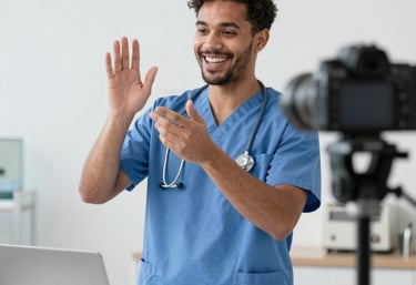 A diverse group of healthcare professionals and influencers collaborating in a bright modern office.