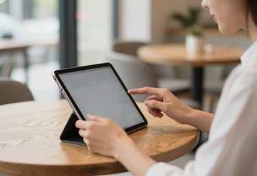A lifestyle photograph of a person in a bright cafe, comfortably using a tablet to organize their day. The lighting is crisp and the atmosphere is highly approachable. International / Global.