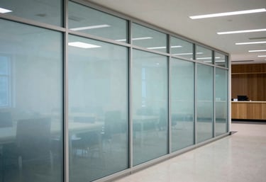 A digital-first university setting with a clean, modern aesthetic, featuring glass partitions and light blue lighting, North American / International campus style.