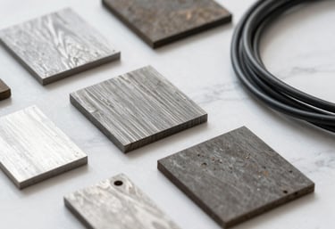 A collection of industrial material samples, including specialized steel alloys and cables, presented on a white marble surface.