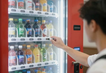 Technician setting up a sleek snack vending machine in a bright office space.