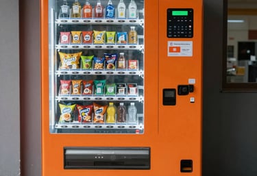 Friendly snackzia technician performing maintenance on a vending machine in a busy workplace.