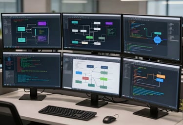 A high-tech North American office workstation featuring multiple monitors with sophisticated workflow diagrams and code, illustrating high-level technical integration.