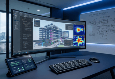Espace BIM expert : écran IFC, code Python et app Audit Flash. Ambiance tech & cartésienne
