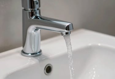 A close-up of a modern, shiny chrome bathroom faucet with water flowing perfectly. The sink is white porcelain and spotless, reflecting a professional and clean plumbing job. Western European / French style.