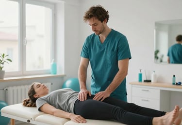 A Southern European physiotherapist working with a patient on a stretching routine in a bright, modern clinic in Palmanova, focusing on professional interaction and calm surroundings with teal accents.