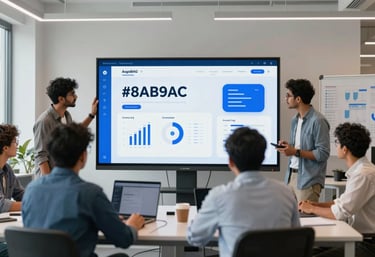 A stylish, brightly lit creative studio in India where a diverse team of professionals are collaborating around a large screen showing AI analytics. Highlights of #8AB9A6 throughout the room.