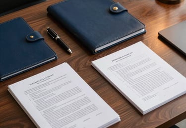Top-down professional photograph of an organized mahogany desk in a Brazilian law firm. Features a leather-bound folder, a high-quality pen, and neatly arranged legal documents. The color palette includes deep navy blue and gold details, illuminated by warm, focused desk lighting.