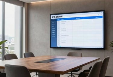 A modern meeting room in Brazil with minimalist furniture and a large screen displaying an organized agenda, natural light and blue accents.