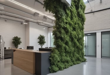 Professional cleaner in uniform sanitizing a modern office lobby with natural light.