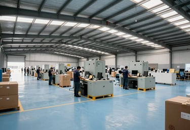 A modern warehouse interior in Mexico, organized and clean with light blue flooring and high ceilings, professional logistics equipment and staff working efficiently.