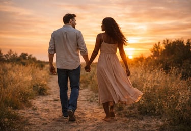 Couple marchant ensemble dans un paysage romantique au coucher du soleil