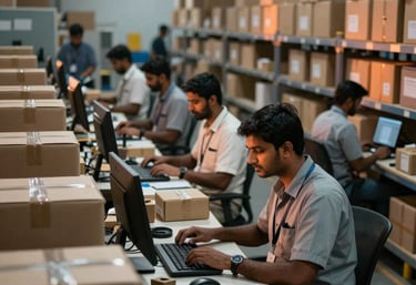 An organized, high-tech logistics fulfillment center in India, where professional staff manage e-commerce orders with warm orange and muted blue ambient lighting.