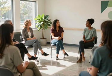 A diverse group of individuals engaged in a wellness discussion in a sun-drenched, professional community room. The decor is modern and clean, with off-white walls and green accents. North American / Michigan US.