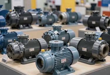 A photograph showing a variety of industrial centrifugal and submersible pumps organized in a professional showroom, International / Professional.