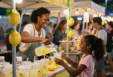 Close-up of a smiling vendor handing over a delicious street food dish under warm glowing lights.