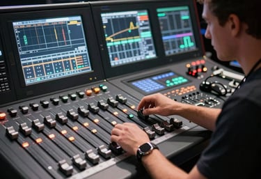 A professional stage lighting designer working at a high-tech control wing with touchscreens and motorized faders.
