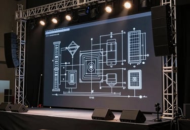 Professional technical drawing of an event stage layout, showing lighting rig points and speaker placement on a dark screen.