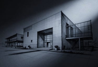 A photograph of an architectural sketch on a dark background, highlighted by a single beam of cold light. Analytical and intellectual mood. Midnight black and slate blue-gray.