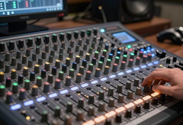 An artist sharing their music on social media, surrounded by headphones and speakers.