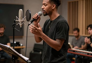 A cozy home studio setup with a keyboard, microphone, and mixing console glowing warmly.