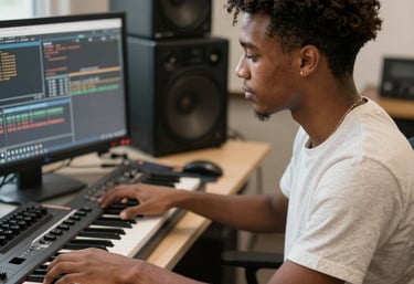 Close-up of hands playing acoustic guitar strings in a cozy studio.