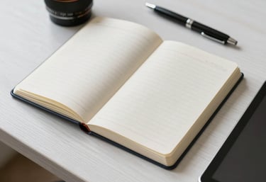 An open notebook on a white wooden table with a pen and a tablet. Central European daylight creates a productive and clean vibe.