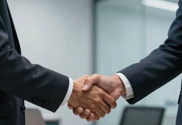 A handshake between a business professional and a client in a modern office setting, light blue lighting, South American / Brazilian context.