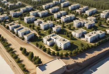 Close-up of hands reviewing blueprints with a coastal home in the background.
