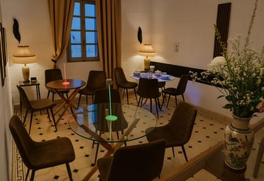 Elegant dining area with glass tables, brown chairs, and modern LED accent lighting in a stylish interior.