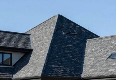 A full architectural view of a luxury North American home with a massive, perfectly installed dark blue and slate gray roof. Clear sky, modern and high-quality aesthetic.