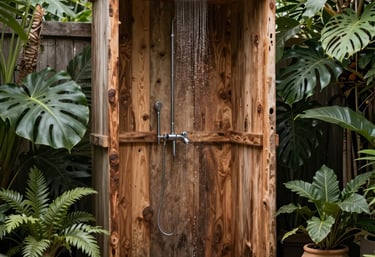 A beautifully crafted outdoor bathroom featuring natural stone and sleek metal accents under a pergola.