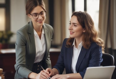 A friendly HR consultant listening attentively to a client in a cozy office setting.