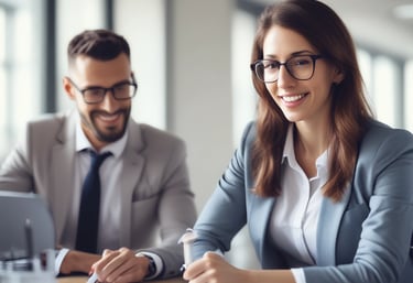 A warm handshake between an HR consultant and an employee in a cozy office setting.