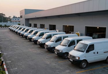 A fleet of delivery vehicles lined up neatly outside a modern logistics hub in an Indian city at dawn, showing scale and readiness.