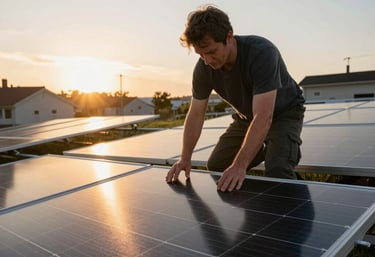 Technician installing solar panels with friendly customer in the background