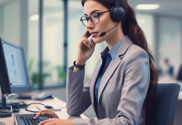 A friendly AI assistant icon with a headset, symbolizing 24/7 call answering.