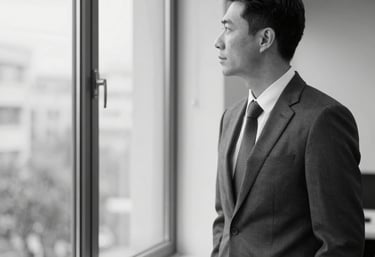 Professional headshot of a confident legal consultant in a minimalist office setting.