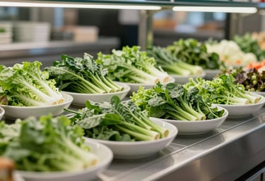 A view of a modern canteen's fresh salad station with a variety of green vegetables, served in elegant bowls. Bright lighting, showcasing the #597368 brand color through healthy greens.