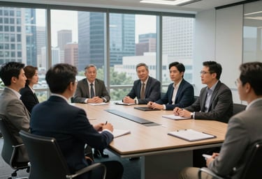 A collaborative team of experts meeting in a glass-walled North American / US conference room, dressed in business casual attire, with a clear view of a modern city skyline.