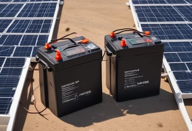 Solar panels with battery storage units installed on a rooftop.